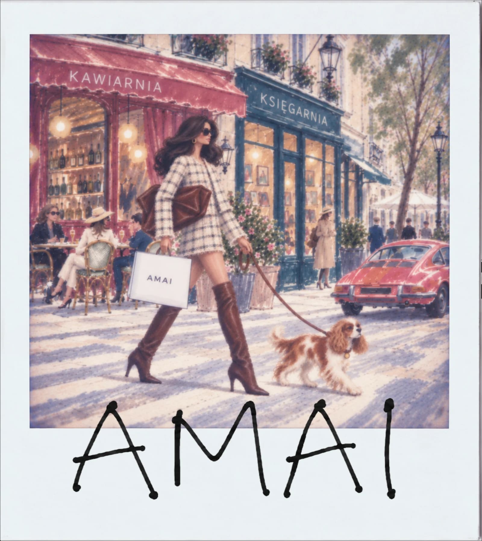 AMAI illustration in a polaroid frame: a woman in a tweed coat walks a spaniel past a café and a bookshop, with AMAI handwritten below.
