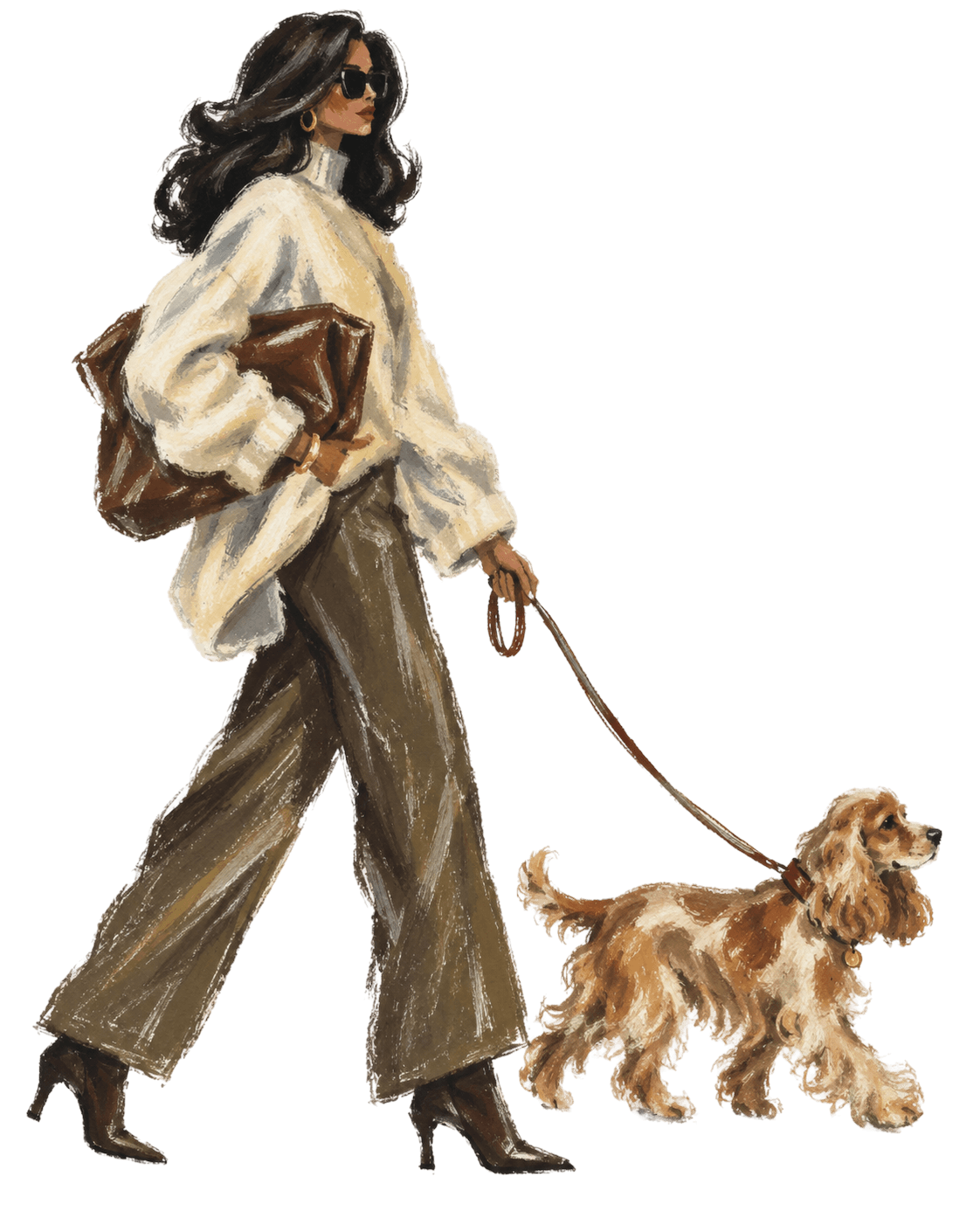 Illustration of a woman in a cream sweater and olive trousers walking a spaniel, cut out on its own.