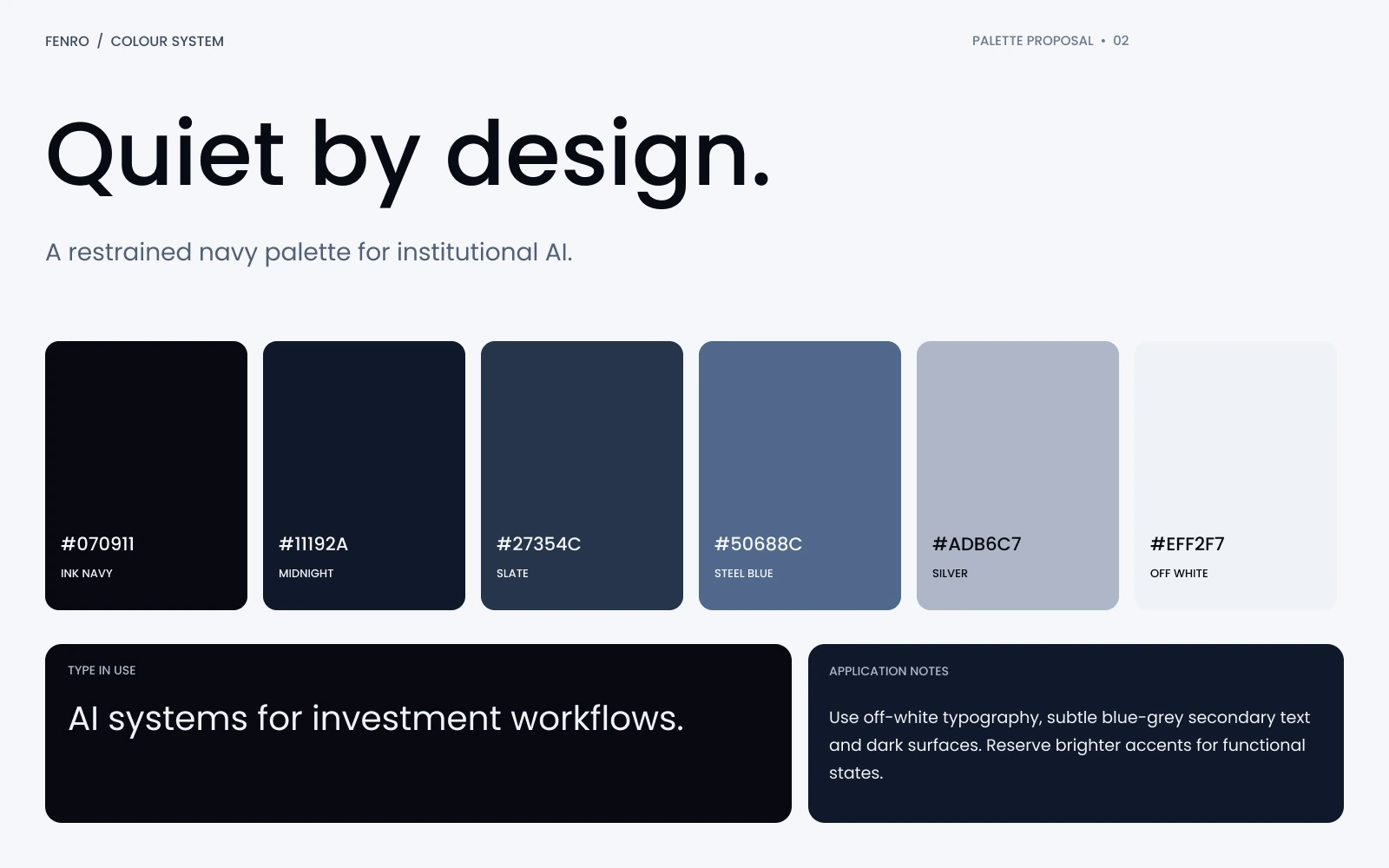 Fenro colour system, Quiet by design: six swatches from ink navy to off-white with hex values and application notes.