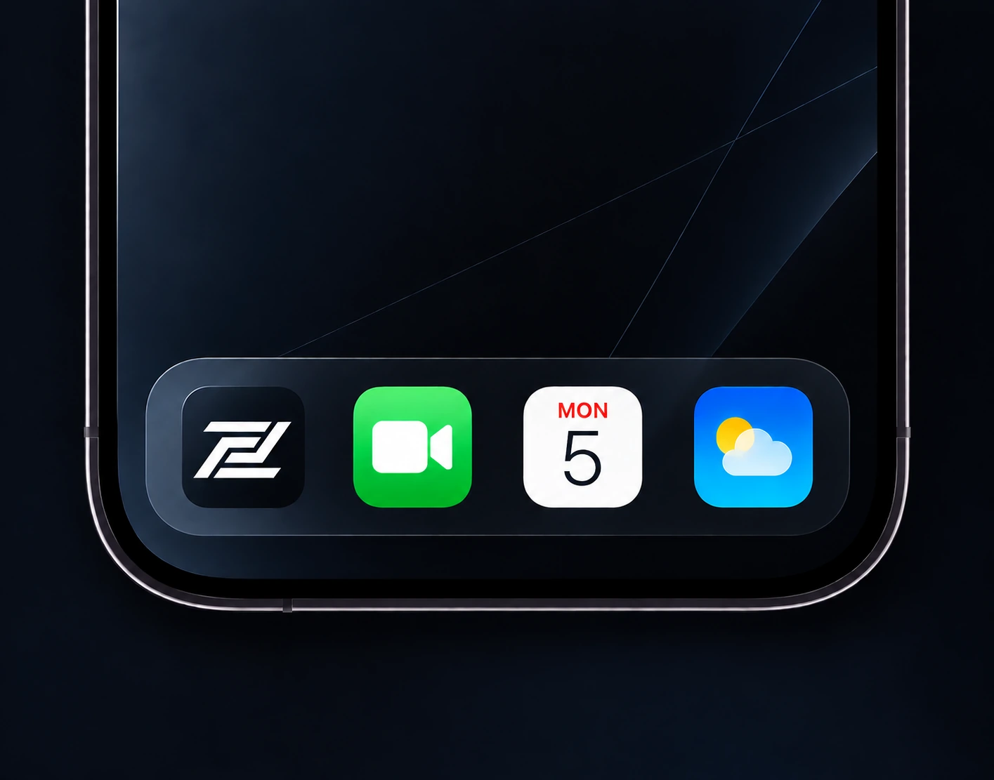 Close-up of a dark iPhone home screen with the Fenro app icon in the dock beside FaceTime, Calendar and Weather.