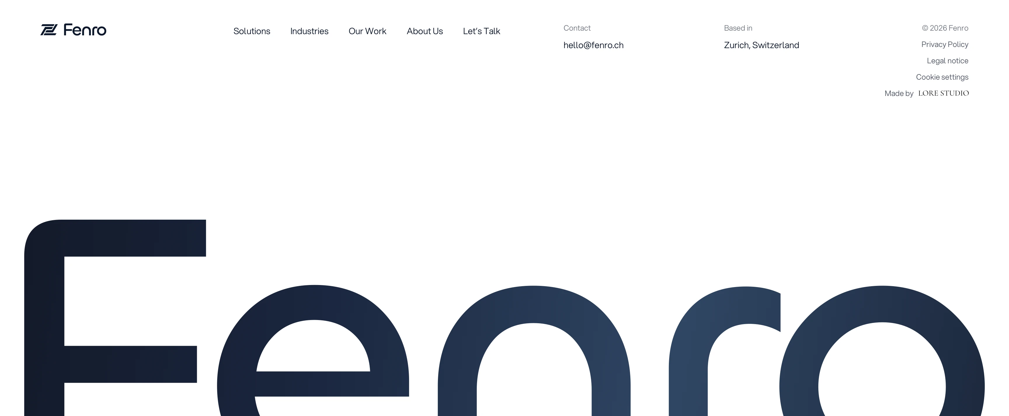 The Fenro website footer, with contact details and a large navy Fenro wordmark across the bottom.