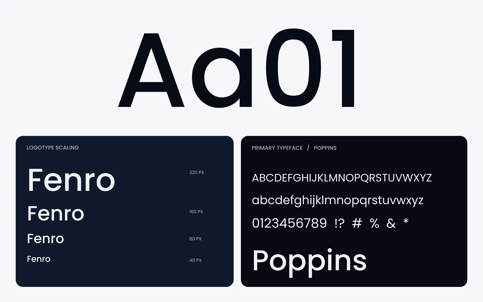 Fenro typography sheet: Aa01 set large in Poppins, the logotype at four sizes and the Poppins character set.