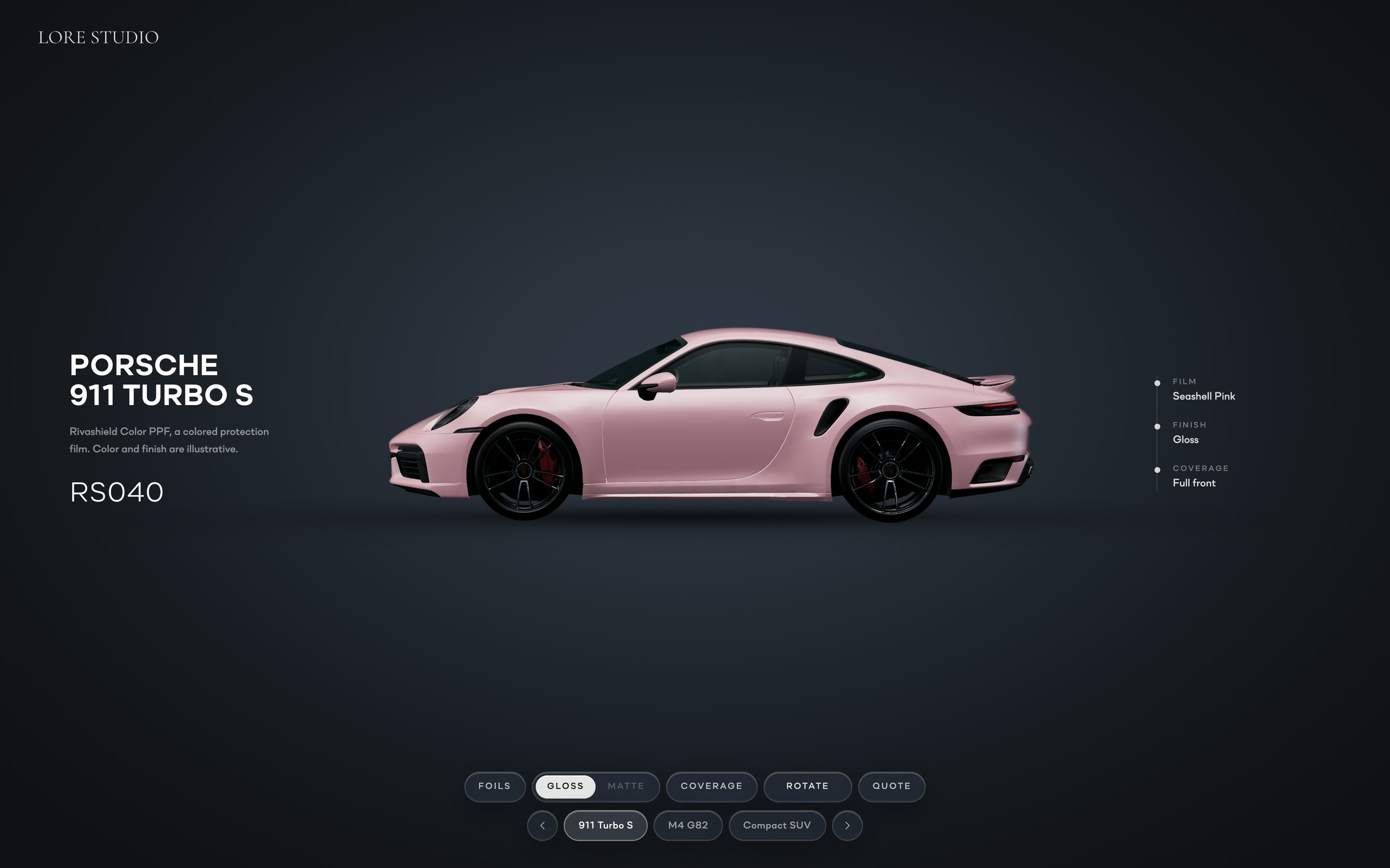 Der 3D-PPF-Konfigurator von Shine Master mit einem Porsche 911 Turbo S in glänzender, babyrosa Folie «Seashell Pink».